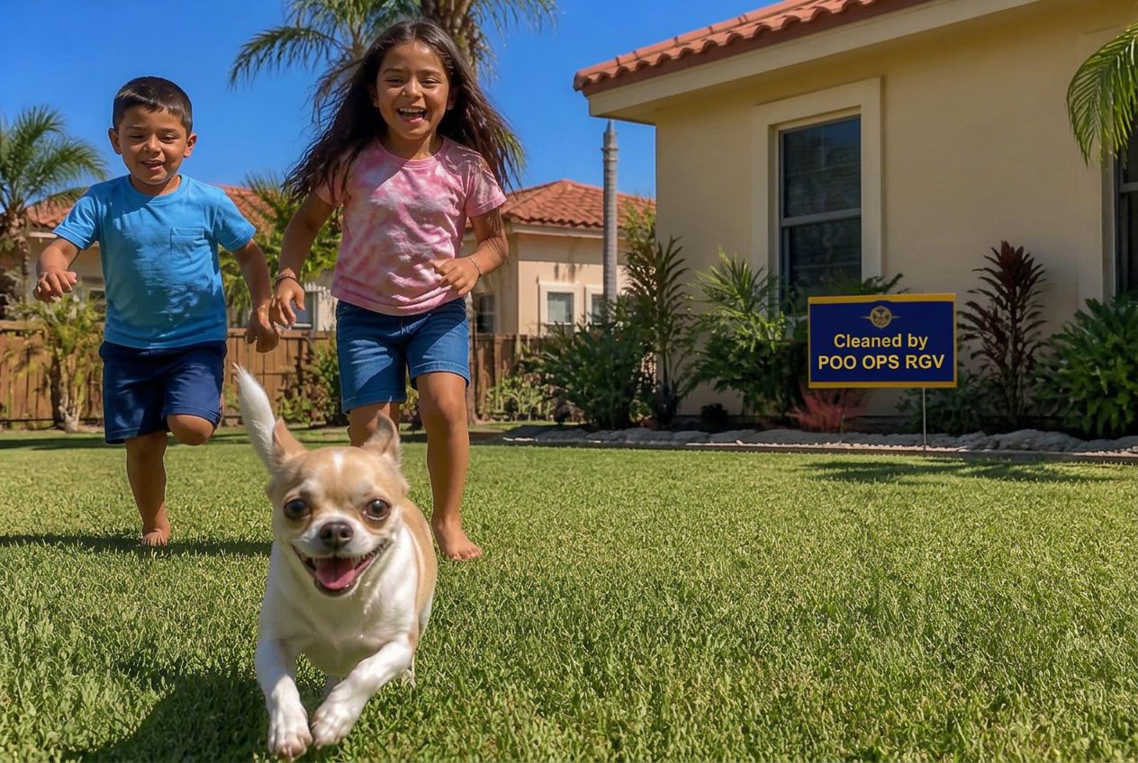 A chihuahua plays with kids in a clean South Texas backyard, with a POO OPS RGV yard sign in the grass